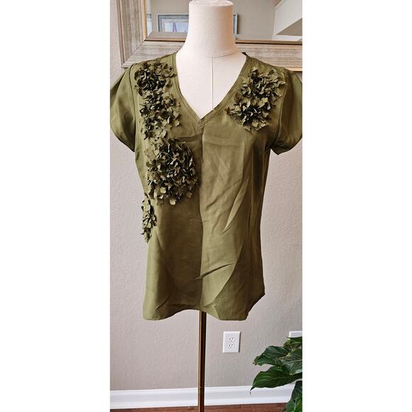 NWT Talbots Silk Cap Sleeve Floral Boho Pullover Top Women Size 8 Green‎ V-Neck - Picture 1 of 5